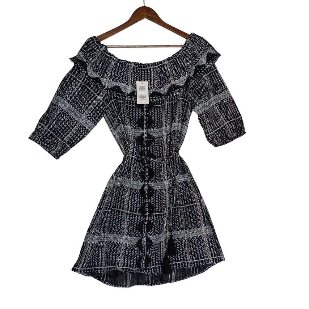 100% Cotton Renee C NWT Olive Plaid Embroidered Off Shoulder Boho Mini Dress M - Picture 3 of 8